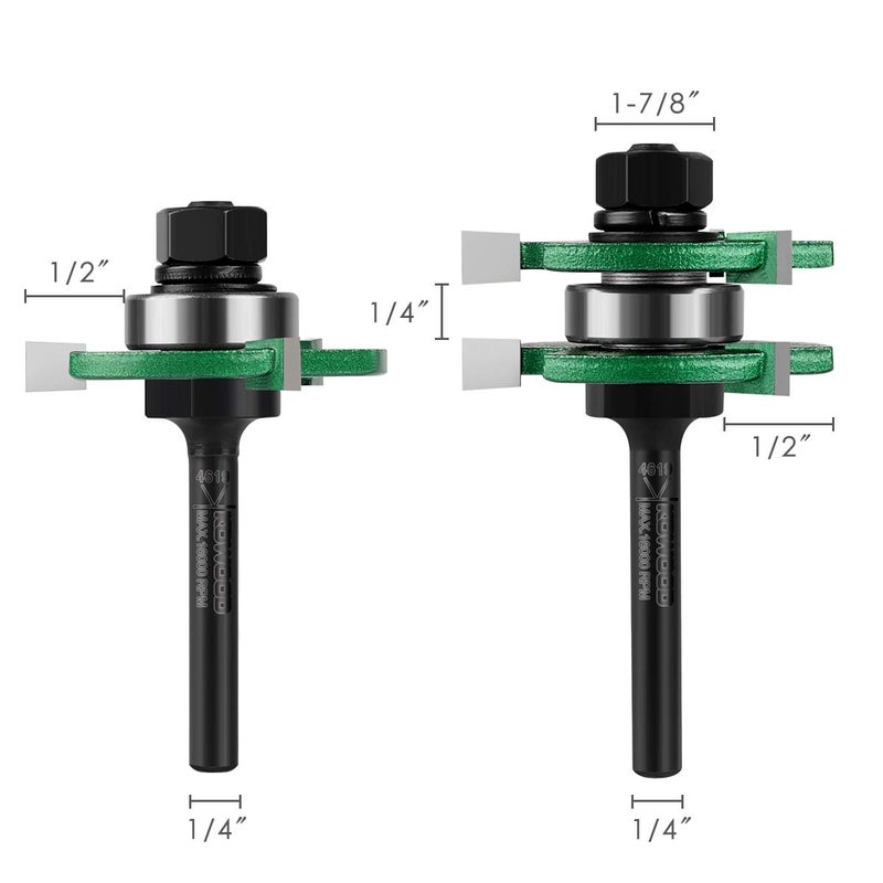 KOWOOD Pro Tongue and Groove Set of 2 Pieces 1/4 Inch Shank Router Bit Set 3 Teeth Adjustable T Shape Wood Milling Cutter - Image 2